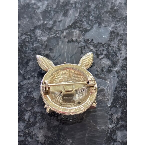 Gold-Tone Rabbit Face or Cat Brooch With Rhinestones & Red Gem Eyes Sparkles - Picture 8 of 10